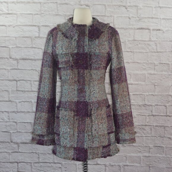 Vintage 90s Purple Plaid Tweed Fridge Wool Coat - Picture 1 of 10